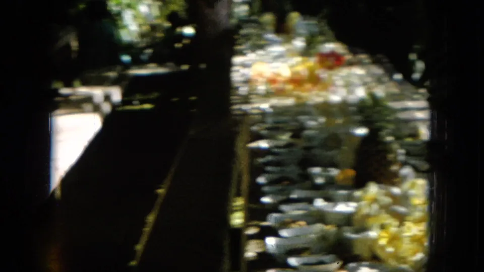 Soft 8mm view down a 1964 Hawaii outdoor banquet table with place settings, fruit, flowers, and bright sunlight at the edge.