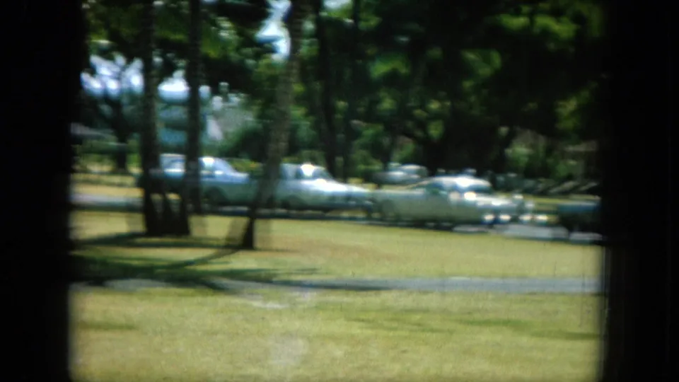 1964 Oahu street view with palms, parked 1960s cars, lawn, and roadway seen through dark framing.