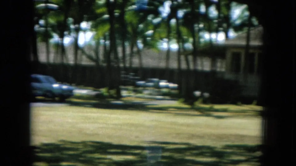 1964 Oahu frame showing a low school-area building, palms, parked cars, lawn, and strong shadowed framing.