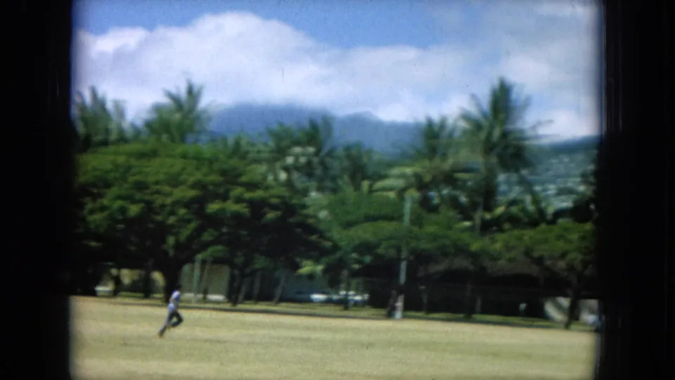 1964 Oahi, Hawaii view of a runner in a broad grassy area with tropical trees and hazy mountains beyond.