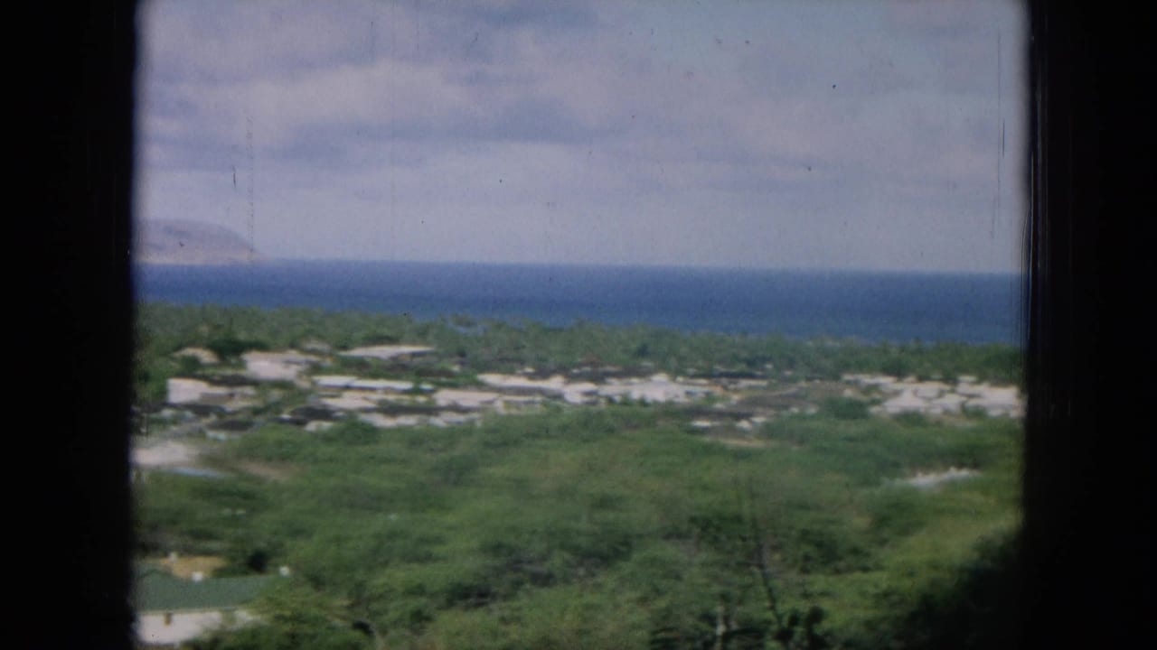 1964 8mm view from Oahu over green landscape, scattered low buildings, blue ocean, and a distant coastal landform.
