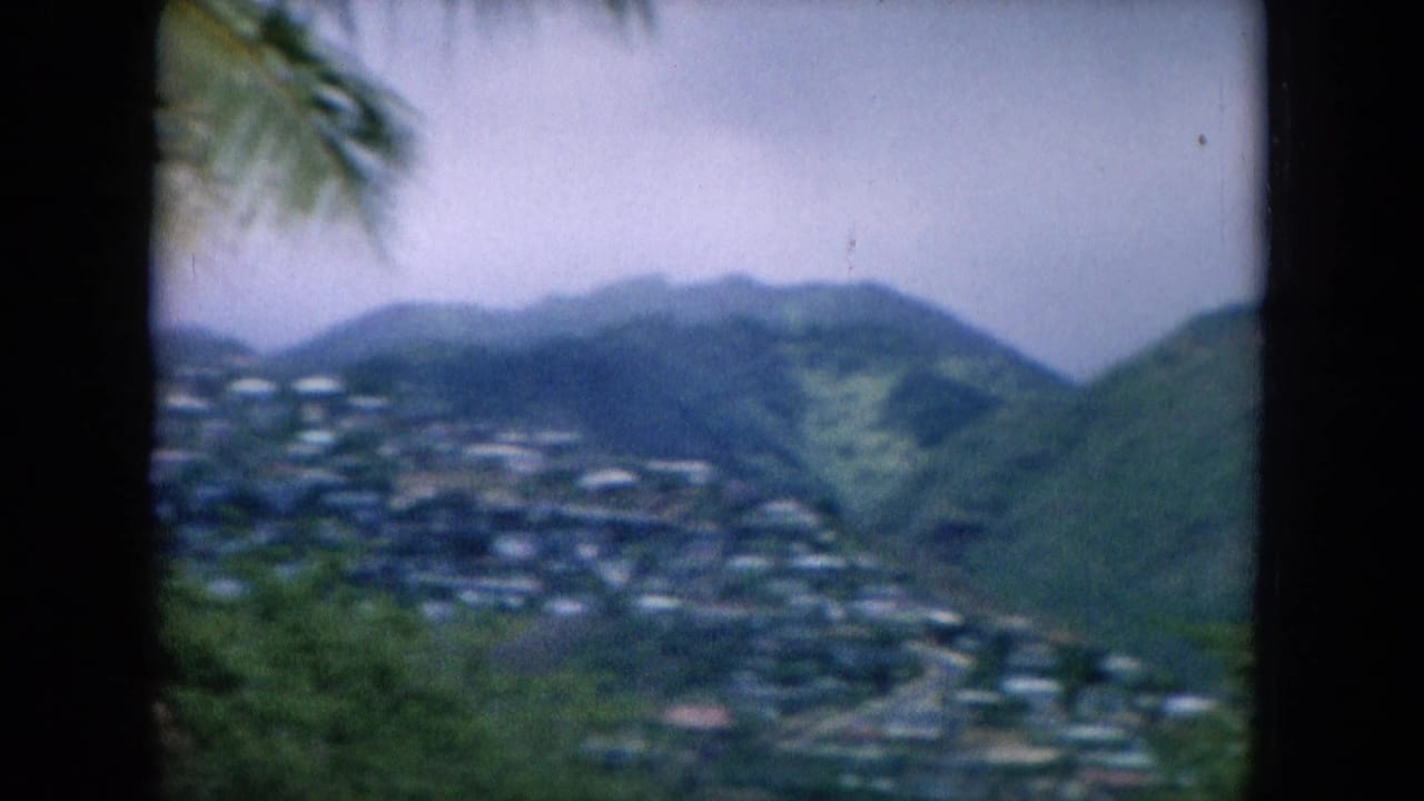 1964 Oahu home-movie frame showing hillside houses, green ridges, overcast sky, and palm fronds through a window-like foreground.