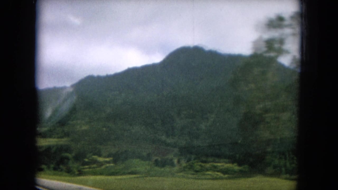 Green mountain slopes and roadside vegetation seen through a dark vehicle window frame.