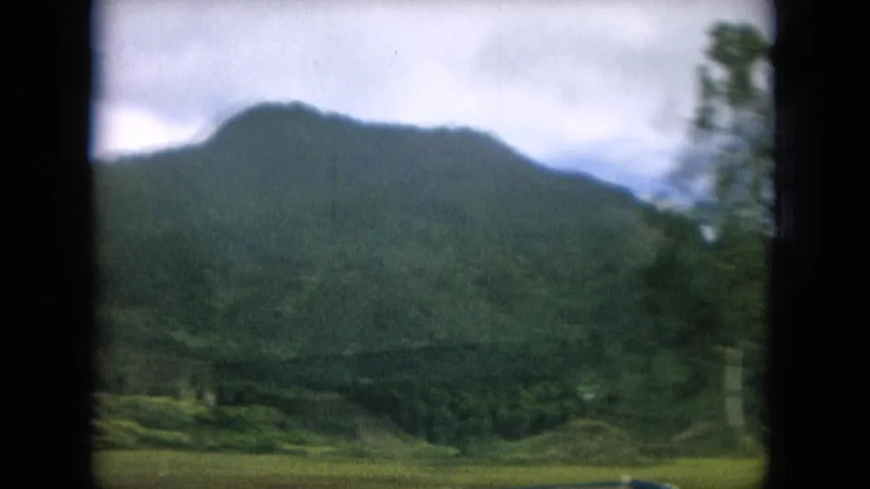 1964 Hawaii countryside view from a moving car, with a broad green mountain and blurred roadside trees.