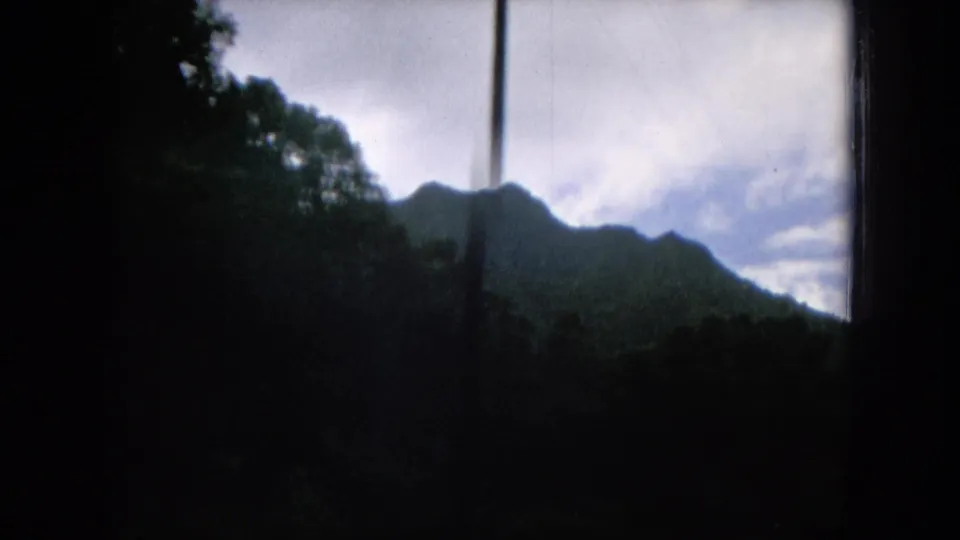 1964 Oahu home-movie frame with a dark window edge, silhouetted trees, and a green mountain ridge beyond.