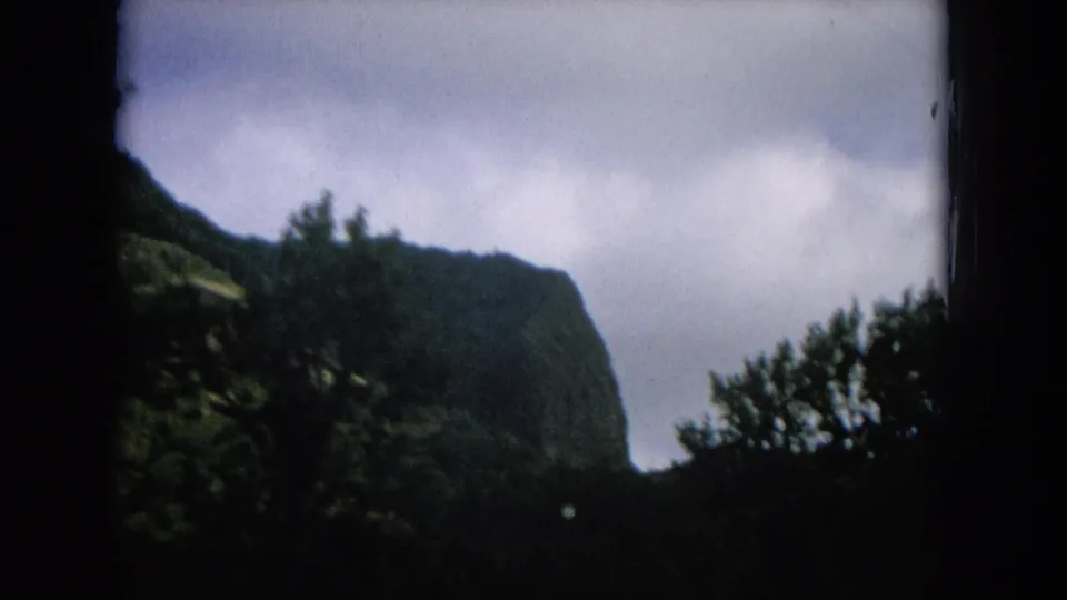 Moving Oahu road view with shadowed trees in the foreground and a steep green mountain ridge under gray clouds.
