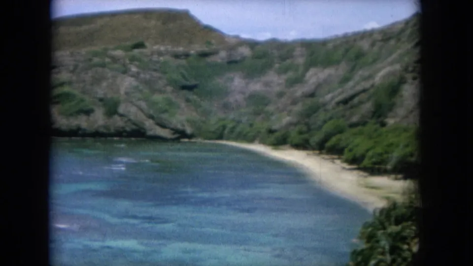 1964 Oahu cove view showing a sandy beach, turquoise water, steep coastal slopes, and dense green vegetation.