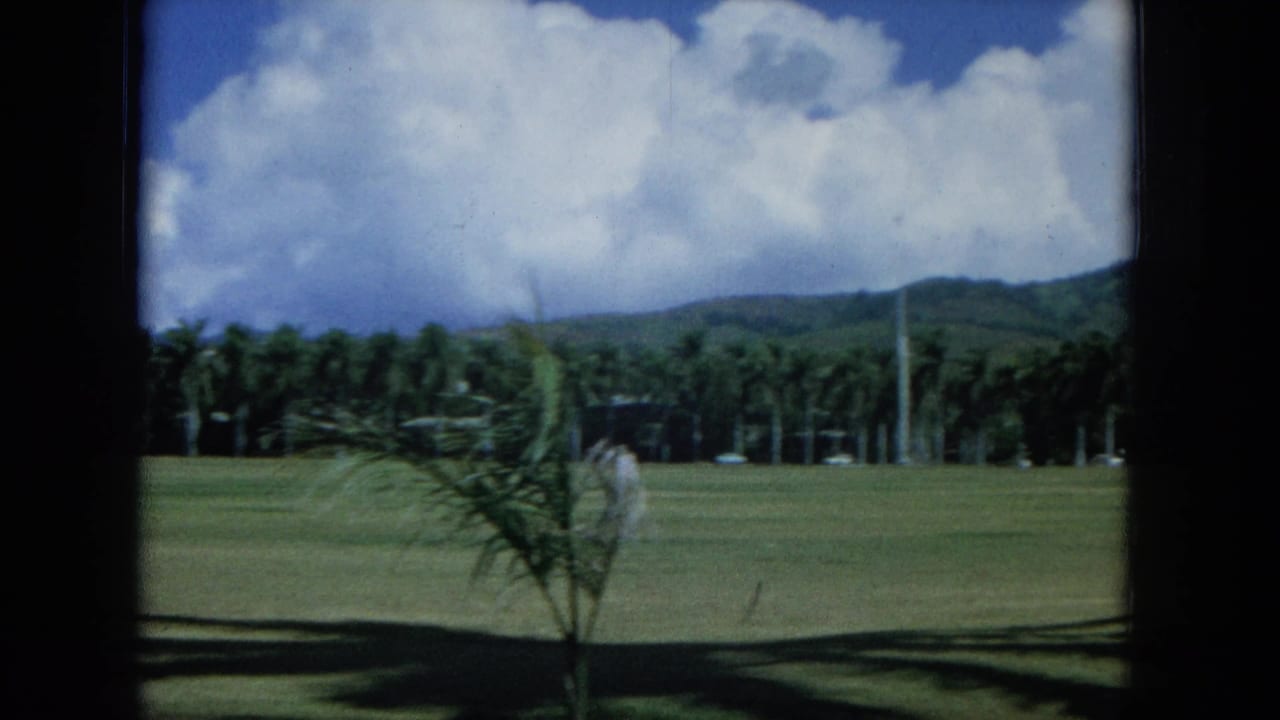 1964 Oahu 8mm frame showing a wide grass field, palm trees, low hills, and clouds viewed through dark framing.