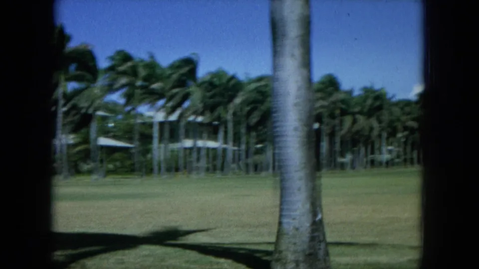 1964 Hawaii 8mm frame showing palms, open grass, and a house partly obscured by trees, with dark gate edges visible.