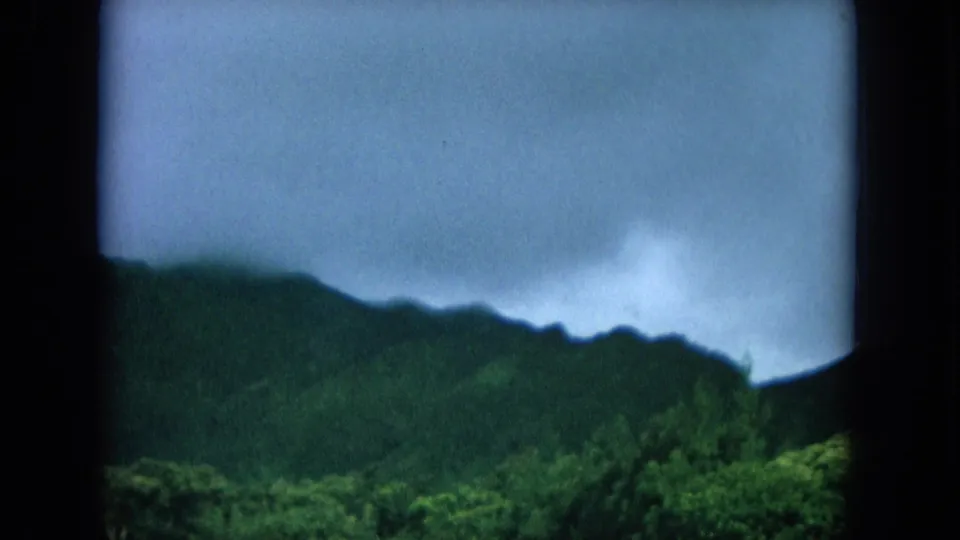1964 Hawaii home-movie view of green hills and thick tropical foliage beneath an overcast sky.