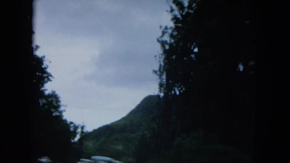 1964 Hawaii home-movie frame showing a tree-lined mountain road under a cloudy sky from inside or near a moving car.