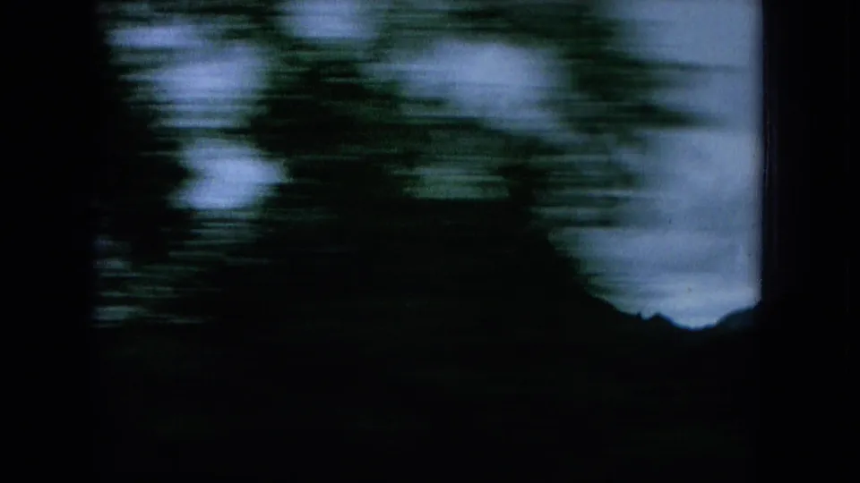 Motion-blurred roadside trees obscure a mountain view in this brief 1964 Hawaii home-movie frame.