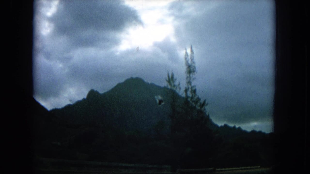 Dark mountain silhouette and roadside vegetation beneath bright clouds.