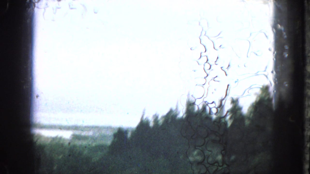 1964 Hawaii 8mm frame with a bright hazy shoreline glimpsed past dark edges, silhouetted vegetation, and visible film marks.
