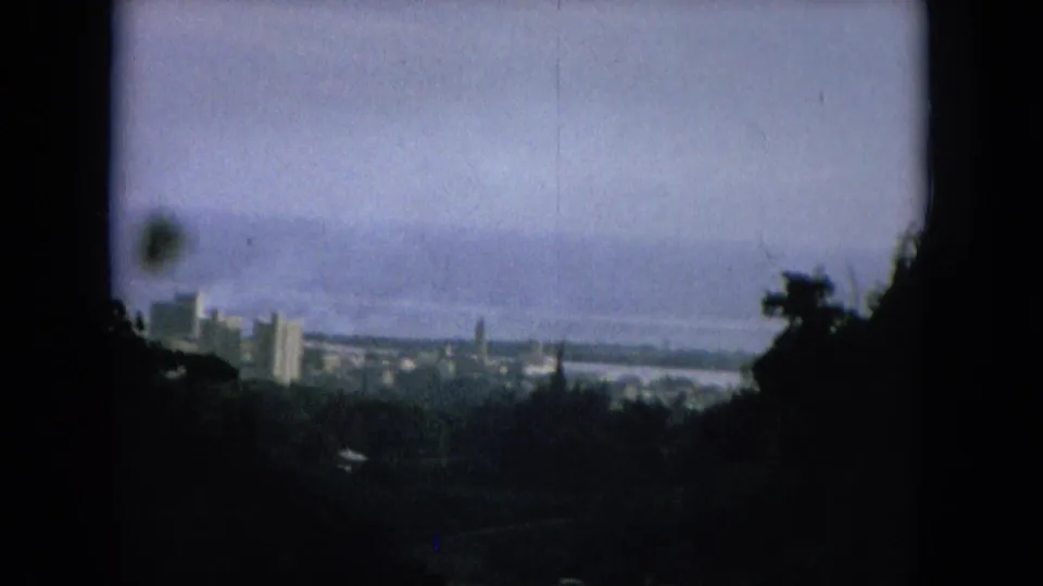 1964 Hawaii home-movie frame showing a distant coastal skyline through dark foreground foliage and visible dust marks.