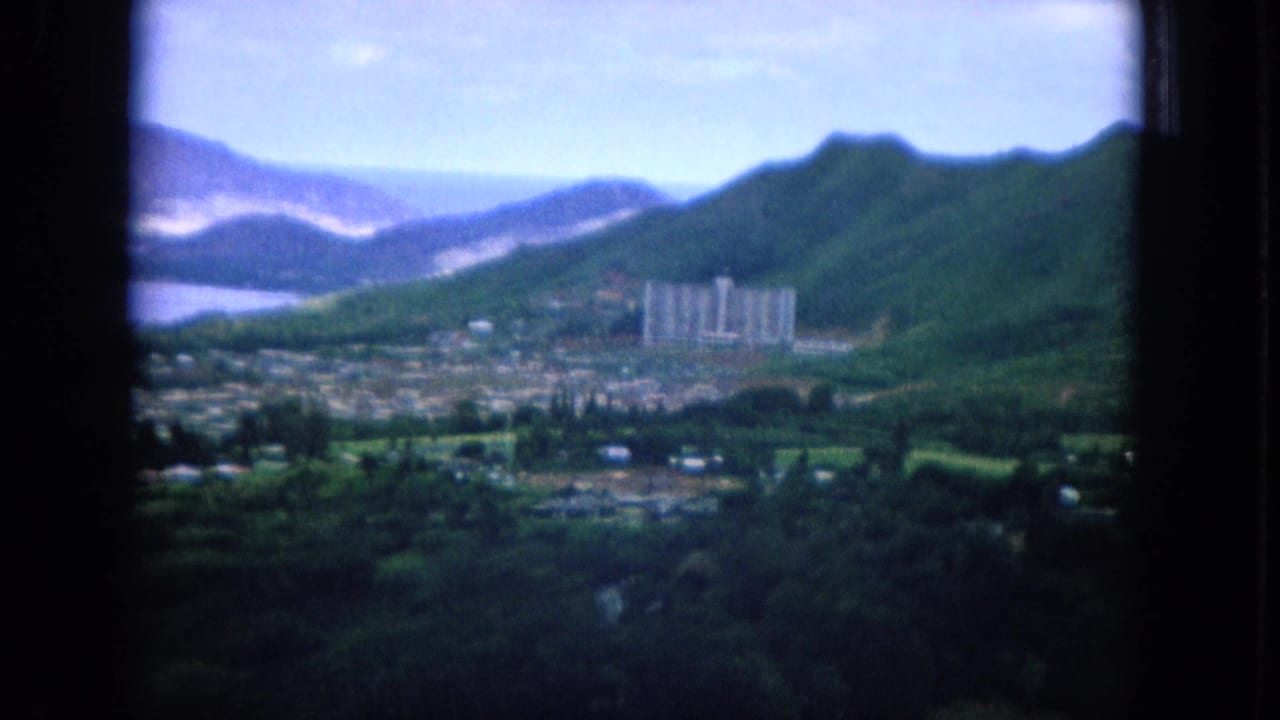 Soft 8mm view over green mountains, town buildings, and distant water from an elevated overlook.