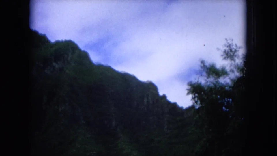 1964 Oahu landscape frame with a dark tree silhouette at the edge, green mountain ridge, and clouded sky in soft 8mm color.