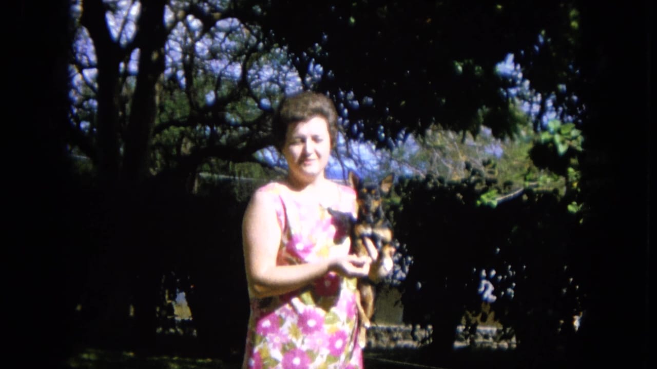A woman in a floral dress smiles while holding a small dog in a shaded outdoor yard, consistent with the 1964 Hawaii metadata.