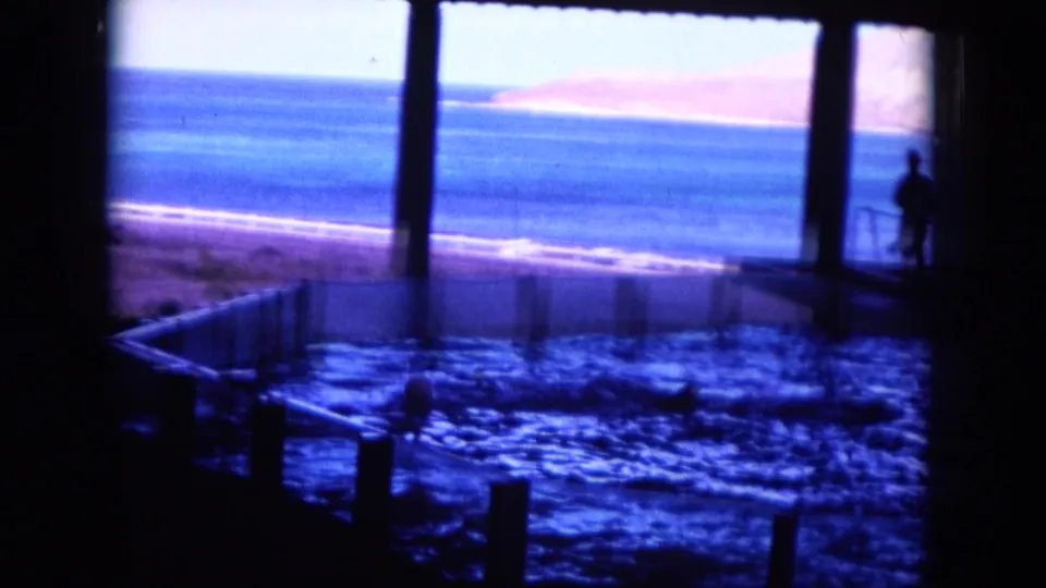 The pool structure opens toward an ocean view in 1964 Hawaii footage, with a person standing near the right edge.