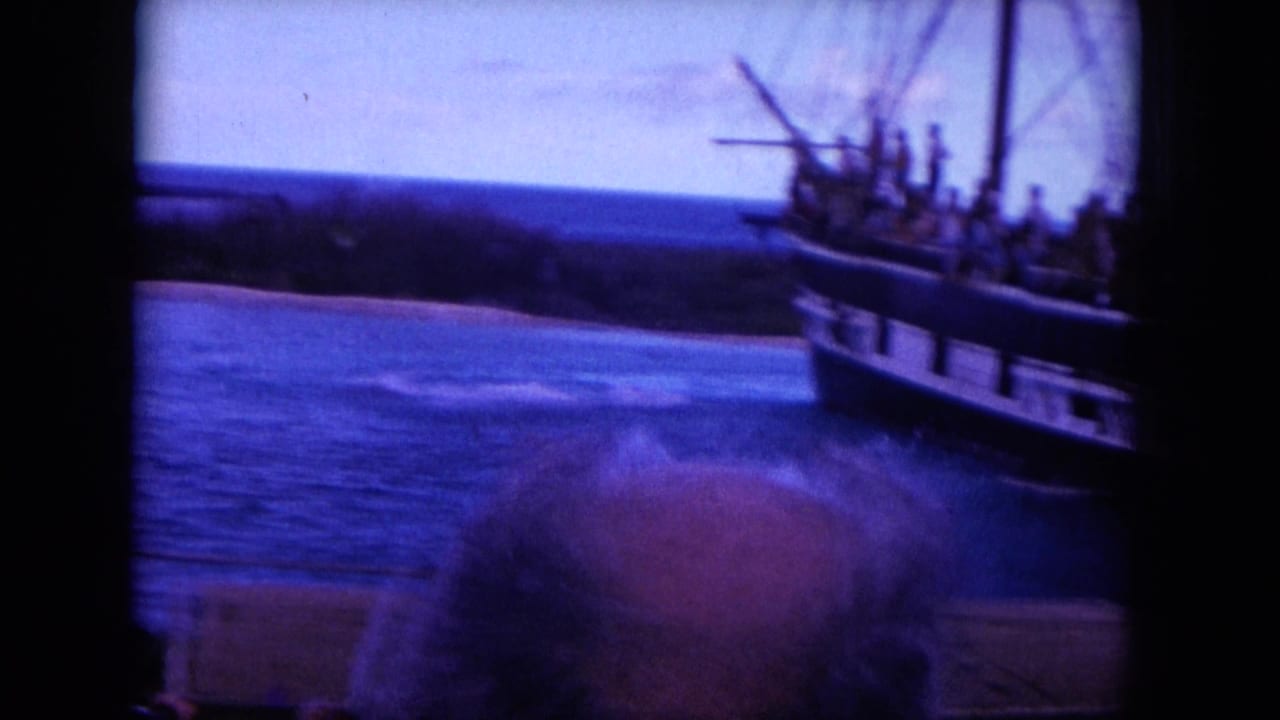 Sailing vessel with passengers near the shore as a foreground adult looks toward the water.
