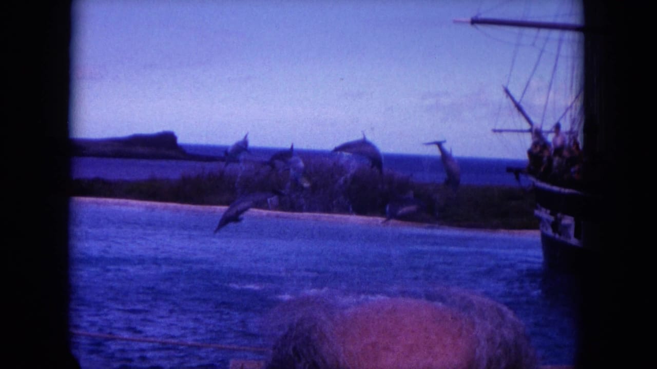 1964 8mm Hawaii footage with dolphins arcing above the ocean, distant land behind them, and vessel structure at the right edge.