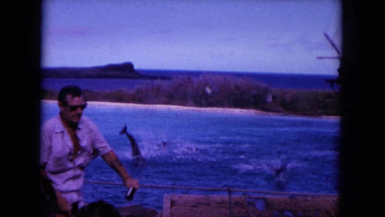 1964 Oahi, Hawaii 8mm frame showing an adult man watching blue water with splashes and a distant shoreline.