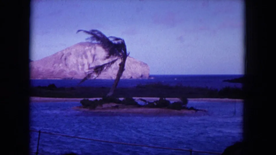 1964 Hawaii 8mm frame showing a low island shoreline with palm trees across blue water.