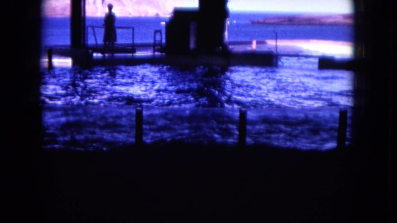 Silhouetted person on a dock above dark blue water at dusk.
