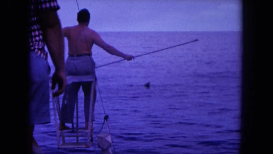 1964 Oahu frame with a shirtless man standing at the bow of a small boat, extending a long pole toward a dark shape in the ocean.
