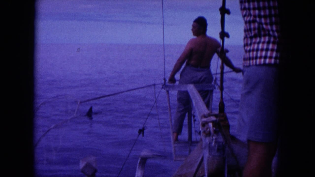 Shirtless man at a boat stern with fishing gear on calm open water.