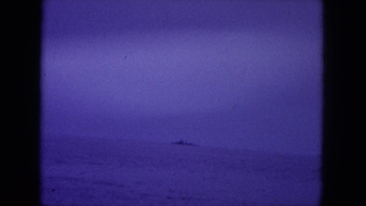 Distant ship on a purple dawn sea, seen between dark vertical frame edges.