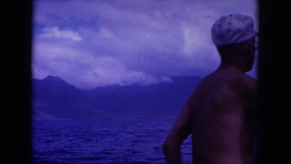 1964 Hawaii home-movie frame with a shirtless adult in a white cap looking toward water and a mountainous shoreline.