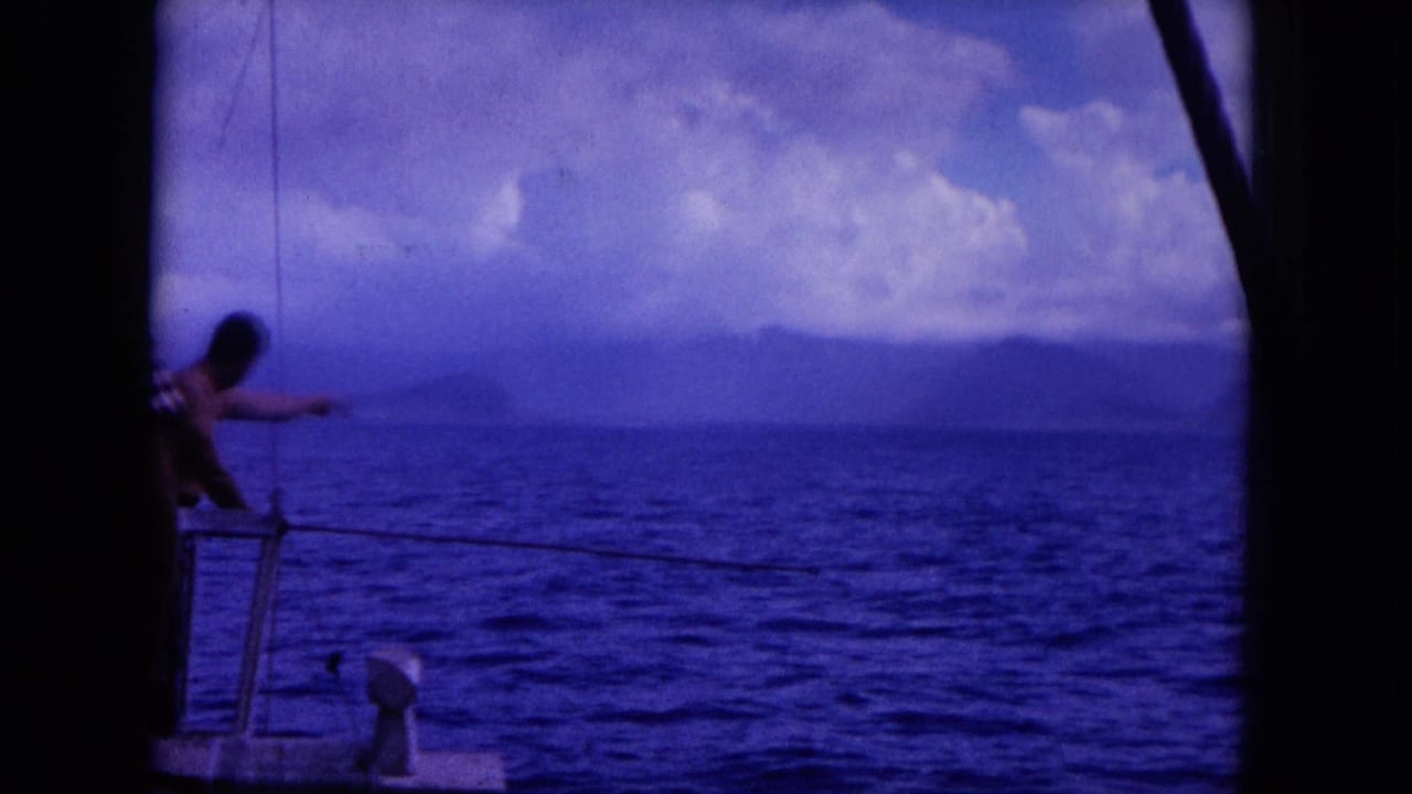 Man at the edge of a small boat points out across the ocean toward a distant horizon.