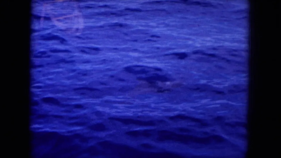 Blue-tinted 8mm footage shows the rippled ocean surface in Hawaii with no clear land or boat detail visible.