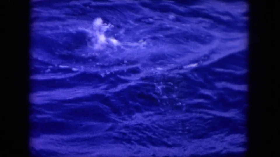 Blue-tinted 1964 Hawaii 8mm frame showing splashes and ripples around a partly visible marine animal in the ocean.