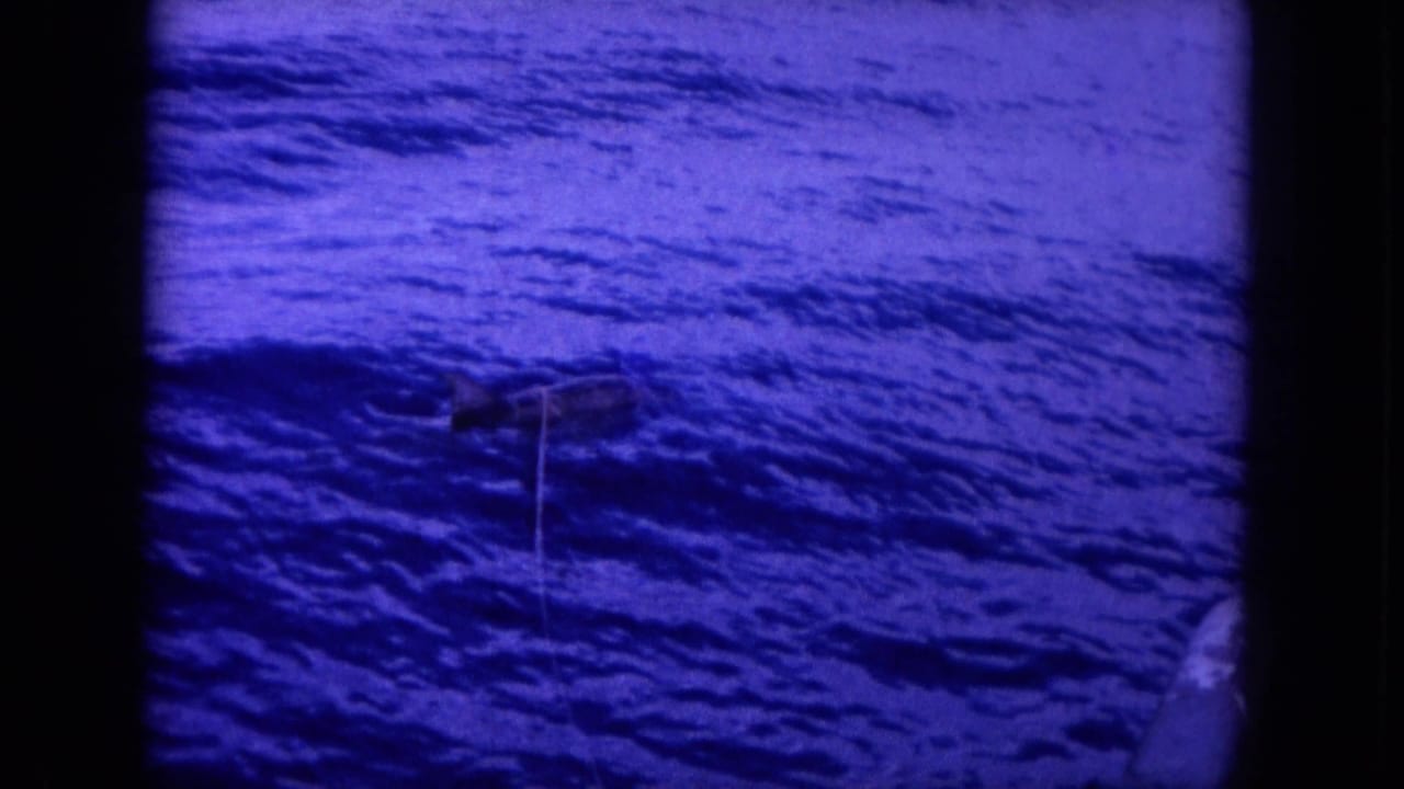 Blue-tinted 1964 Hawaii home-movie frame showing rippled ocean water and a fishing line leading to a fish near the surface.