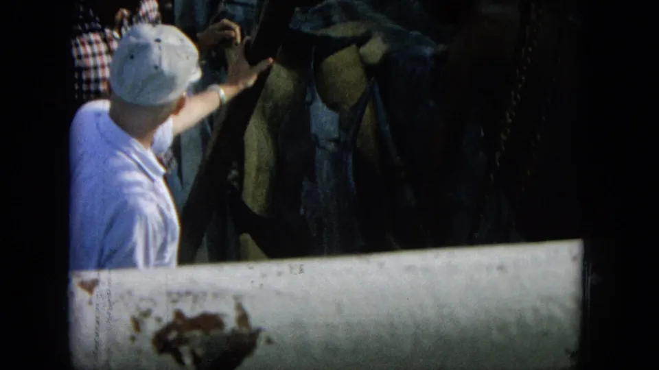 1964 Hawaii 8mm frame with a man reaching toward a dolphin held near yellow supports, with railings and dark ship equipment visible.