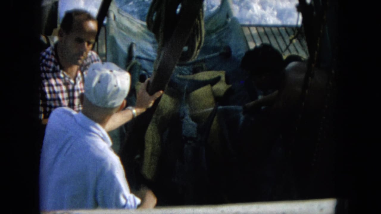 Men on a boat deck lean near a large marine animal beside ropes and railing.