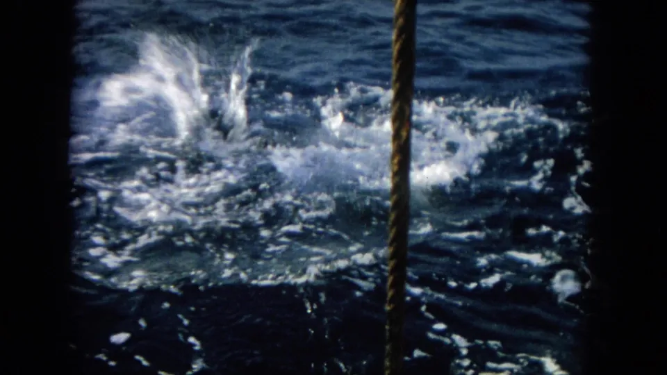 1964 Oahu 8mm frame showing white foam and splashing water beside a vertical rope or line from the boat.