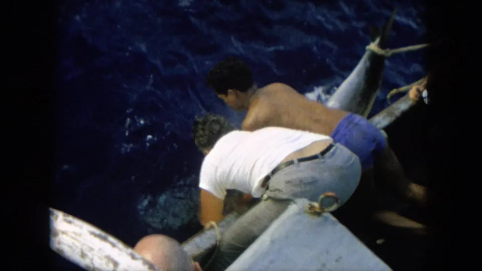 1964 Hawaii 8mm frame showing two adult men working over a boat edge to control a large marlin in deep blue water.
