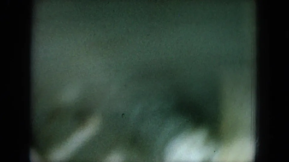Soft, underexposed home-movie frame with greenish tones and indistinct blurred shapes, likely an in-camera transition.