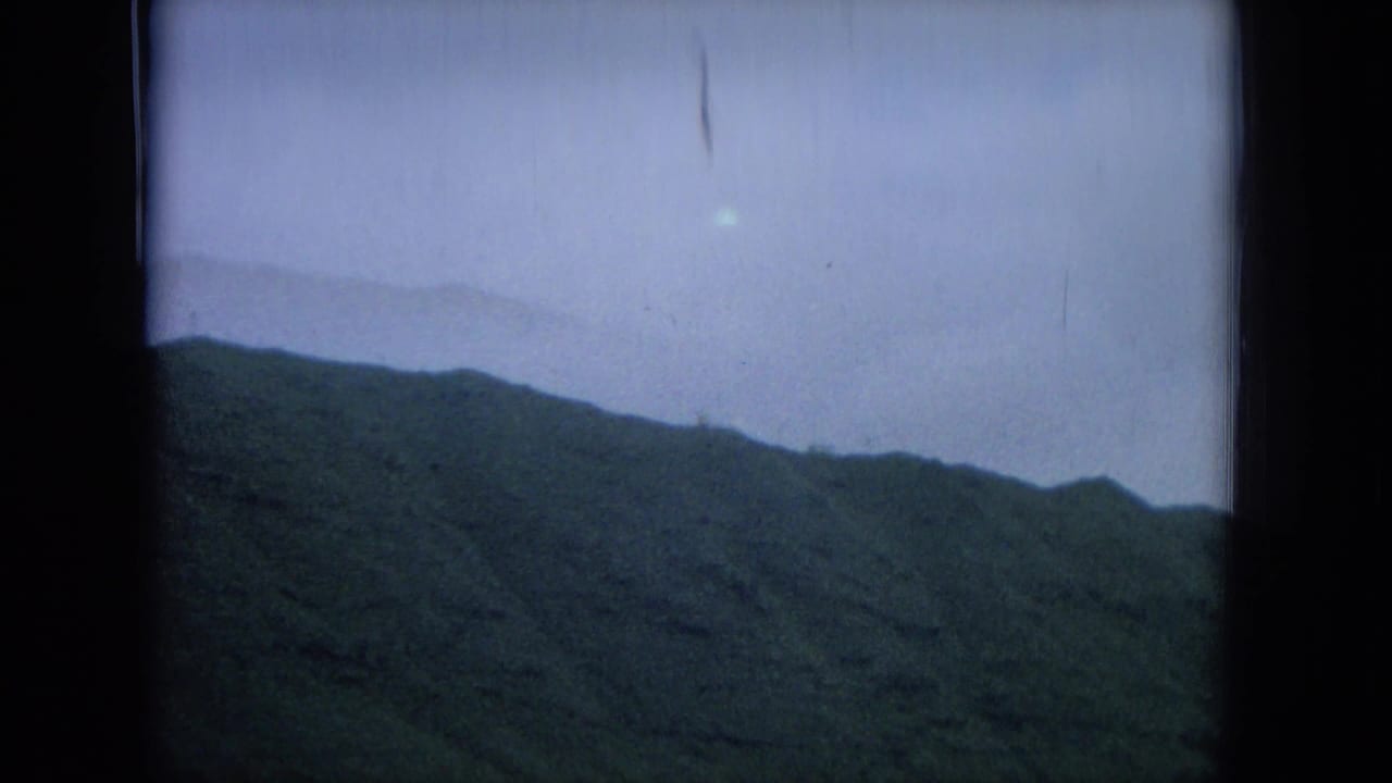 Forested ridge line under a pale sky with a small bright flare near the upper frame.