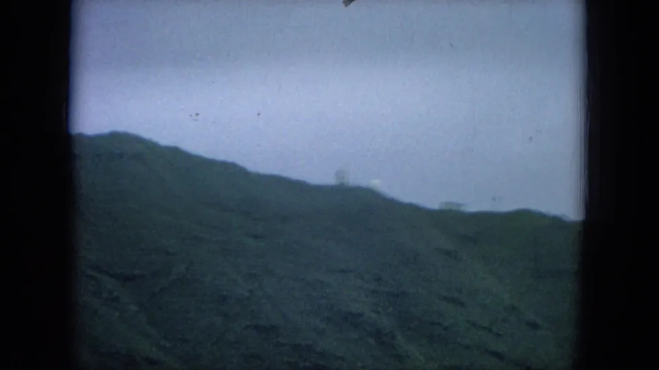 Final 1964 Hawaii 8mm frame showing a forested hillside under pale sky with dark projector or film-frame borders.
