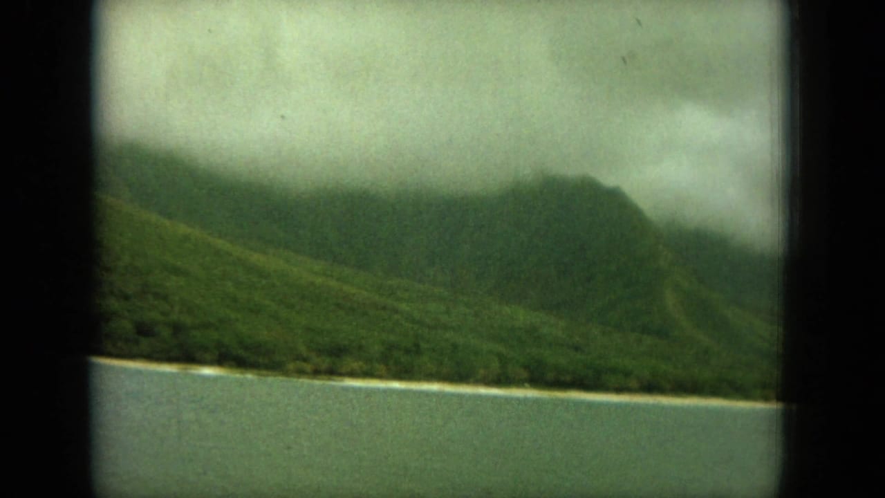 Misty green mountains above a calm shoreline and water under an overcast sky.