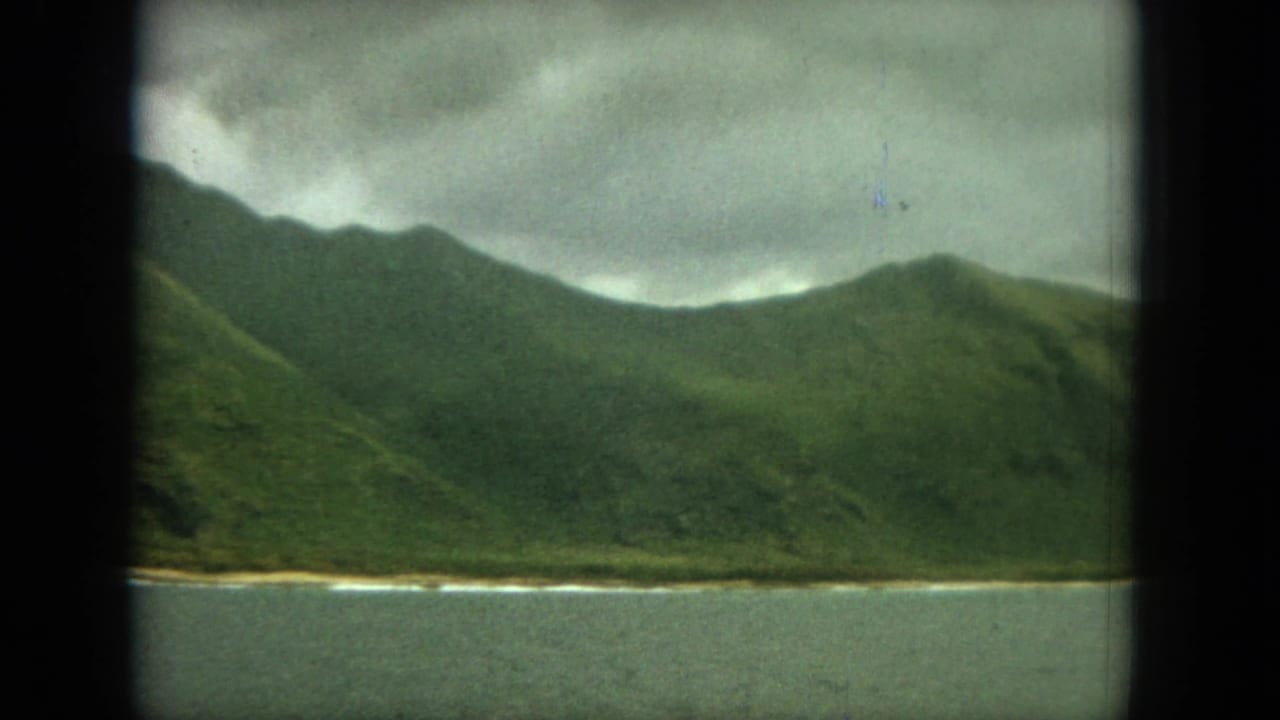 Green coastal mountains above calm water under an overcast sky.