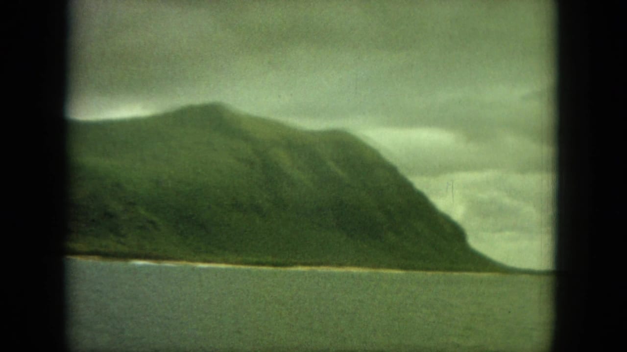 Rounded green headland meets calm coastal water beneath gray clouds.