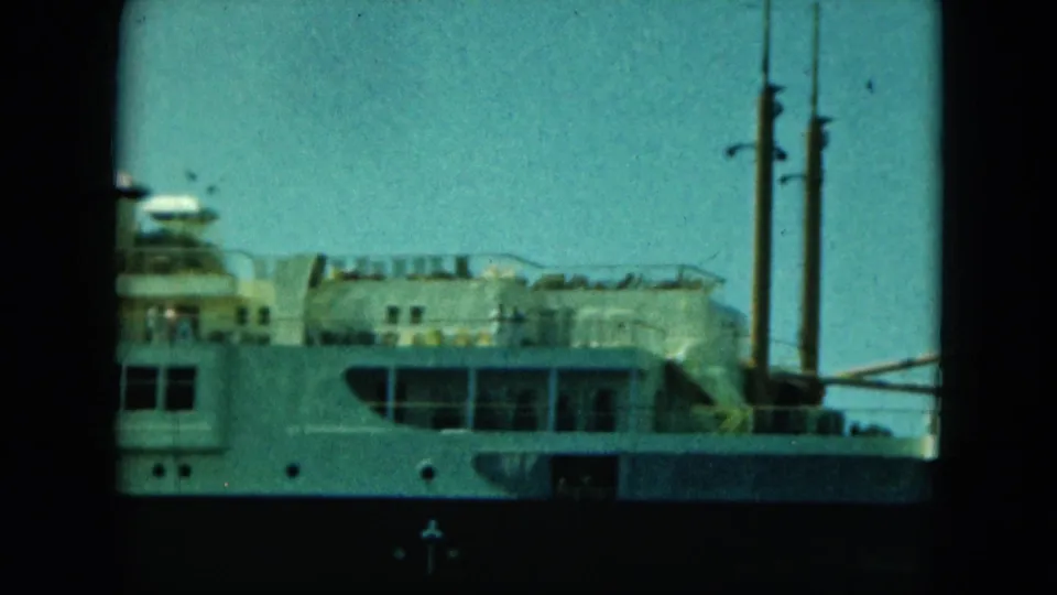 A cropped view of the passenger ship shows its side windows, upper structures, and dark vertical masts or poles near the frame edge.