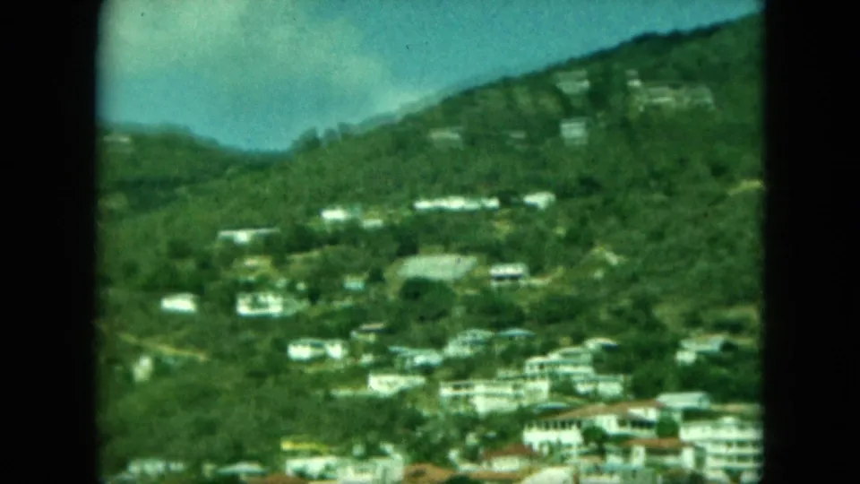 Soft 8mm view of a Saint Thomas-labeled hillside neighborhood, with white homes set among dense greenery above the waterfront.
