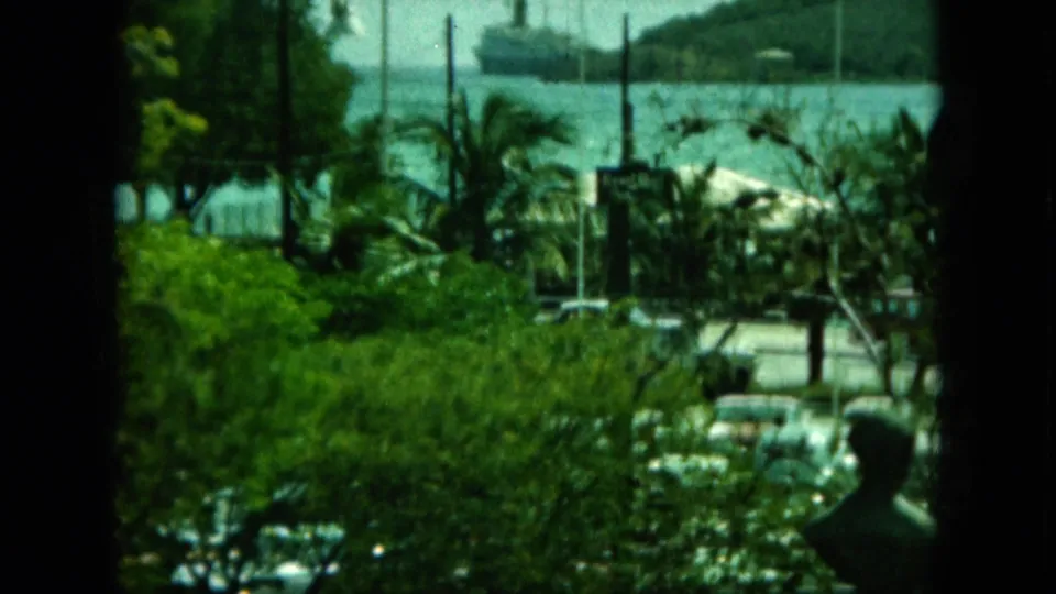 1960s 8mm travel view of a cruise ship in a bay beyond palm trees, parked cars, and a dark interior window frame.