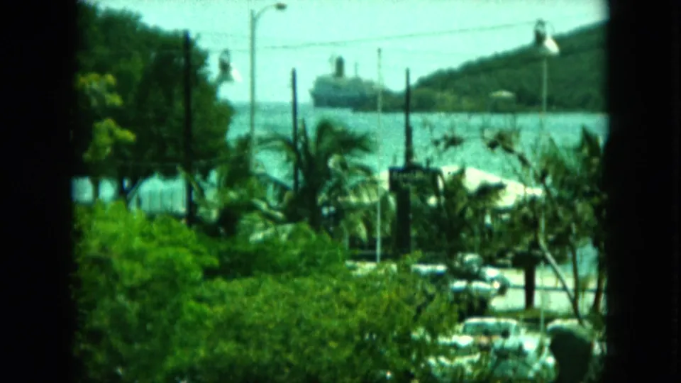 A tropical waterfront with palms, cars, road signs, and an anchored ship is filmed from a shaded window or balcony area.